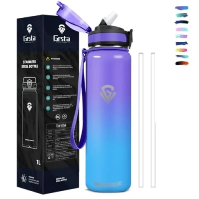 Imagen de Grsta Botella Agua Acero Inoxidable, 1 litro, a Prueba de Fugas, Reutilizable sin BPA, Doble Pared al Vacío, Termo con Pajita Para Deportes, Camping, Ciclismo, Yoga