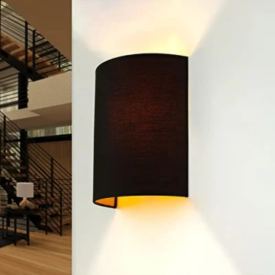 Imagen de aplique oro negro, luz arriba abajo, lámpara pared dormitorio, escalera, tela, H:23 cm, E27, semicircular, indirecta, acogedora, pequeña de interior, ALICE