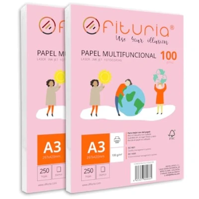 Imagen de Paquete de folios A3 100gr con 500 Hojas Blancas, Papel Multifuncional para Uso Escolar y Entornos Laborales. Ideal impresoras láser, inyección o fotocopiadoras Ofituria