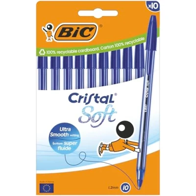 Imagen de BIC Cristal Soft Bolígrafos Bolitas Punta Media (1,2 mm) con tinta Easy Glide Azul, Caja de cartón 10