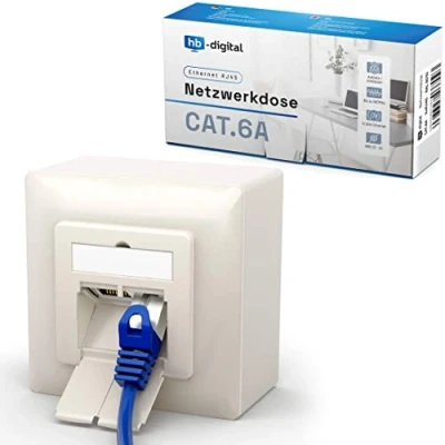 Imagen de hb digital 1 enchufe de red CAT 6a para CAT.8 CAT.7 CAT.6A CAT.6 CAT.5 cable instalación con 2 puertos RJ45 Caja datos universal EIA/TIA 568A&amp;B 8P8C Gigabit Ethernet RAL9010 blanco