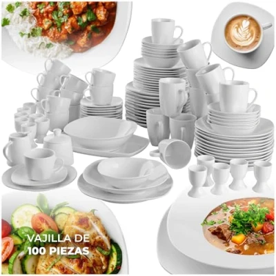 Imagen de tectake® Juego de Vajilla Porcelana, 100 Piezas para 12 Personas, Apta Lavavajillas y Microondas, Platos Cuencos Apilables, Resistente a Arañazos, Completa Ideal Cocina Moderna