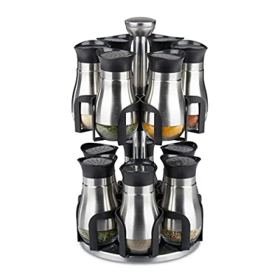 Imagen de Relaxdays Especiero Giratorio, 12 Botes Especias, Acero Inoxidable y Cristal, Apto para Lavavajillas, Plateado Negro