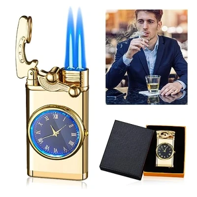 Imagen de Mechero inflable a prueba de viento portátil Nizirioo encendedor varilla creativo Dial Rocker brazo antorcha doble haz para hombres regalo padre con caja