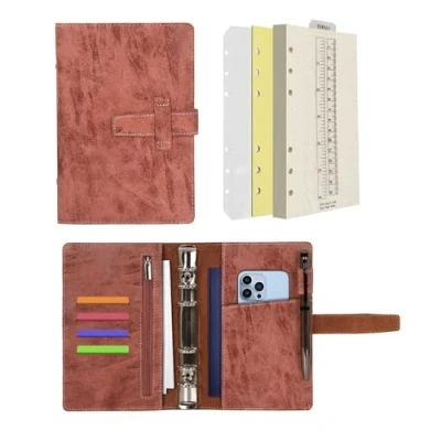 Imagen de Wonderpool A6 Carpeta de Cuero 6 Anillas Papel Punteado Organizador Recargable Cuaderno Escritura y Funda con Múltiples Bolsillos Para Viajes Estudio Negocios (A6, Marrón)