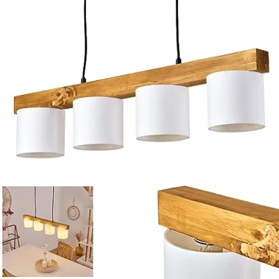 Imagen de lámpara colgante Malimea, de 4 luces metal/madera/tela en blanco/naturaleza, con vigas madera y pantallas tela, altura máx. 135 cm, x E14, sin bombilla(s)