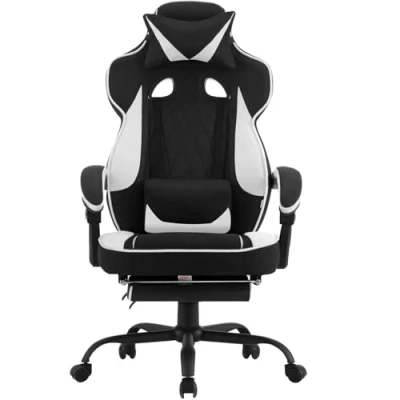 Imagen de WOLTU Silla Gaming en Tela Transpirable para Verano, Ergonómica Gamer con Reposapiés, Sillón Giratorio Videojuegos, Oficina Asiento Ancho y Cómodo Personas Grandes, Negro + Blanco