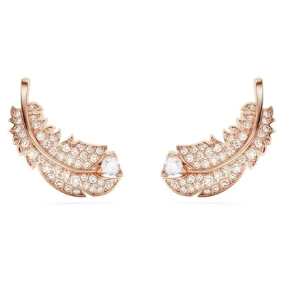 Imagen de Swarovski Pendientes de Botón Nice, con Motivo Pluma, Pavé Rosa, Baño Tono Oro Rosa