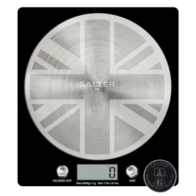 Imagen de Salter 1036 UJBKDR Bascula De Cocina Digital Con La Bandera Del Reino Unido Estampada, Limpiar Facilidad, Balanza Diseño Fino, Plataforma En Forma Disco Hecho Acero Inoxidable, Negro
