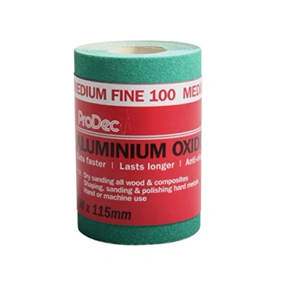 Imagen de ProDec Rollo de papel lija abrasivo óxido aluminio verde grado medio fino grano 100 para lijar madera, pintura, yeso, relleno, metal y más, 115 mm ancho, compatible