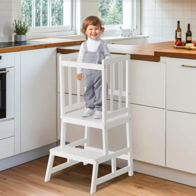 Imagen de COSYLAND Torre de Aprendizaje Montessori para Bebés y Niños, Infantil Certificada por CPC, Estructura Antivuelco Más Estable (Blanco Perla)