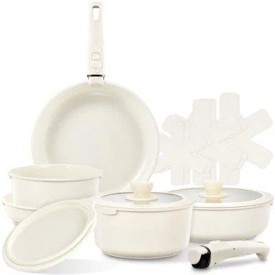 Imagen de FOHERE Batería de Cocina 16 Piezas, Juego Sartenes Cerámica Antiadherentes con Mango Extraible, Sartén 20/28 cm, Olla 18/20 Profunda 26 Ollas Apilable