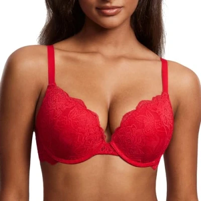 Imagen de DOBREVA Sujetador Push Up Encaje con Relleno Aros Escote Moldeado para Mujer Lápiz Labial 95C