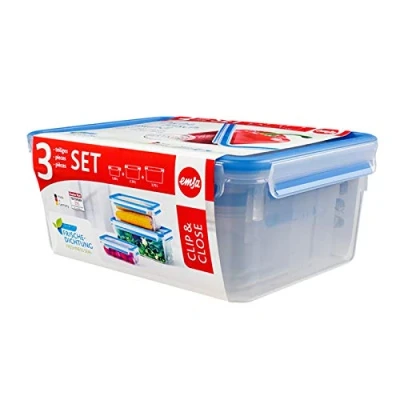 Imagen de Emsa Clip &amp; Close Set de 3 Conservadores Herméticos Plástico Rectangular, higiénico, no retiene olores ni sabores 100% Libre BPA, Transparente y Azul, 1 L/2.3 L/3.7 L