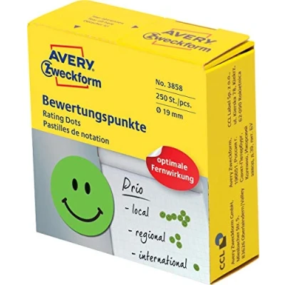 Imagen de Avery España 3858 Adhesivos gratificación en rollo d.19mm, smile verde sonriente, adhesivo permanente, 250 etiquetas por