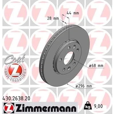 Imagen de ZIMMERMANN COAT Z 430.2638.20 Disco de freno 296 28 7/5 5 114 ventilación externa revestido altamente carbonizado RENAULT: Trafic 3, 3 Bus