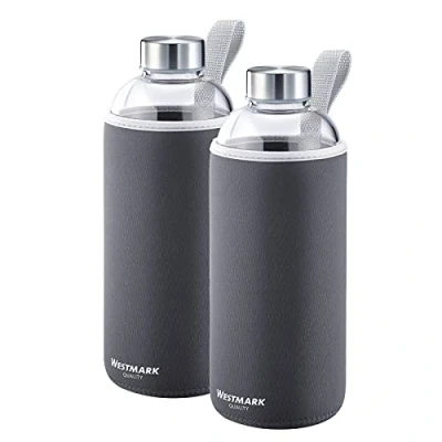 Imagen de Westmark Set de botellas, 2 unidades, botellas con estampado para bebidas, incl. 1 funda protectora cada una, 1E3 ml, Vidrio/Silicona/Goma, Sin BPA, Viva, Antracita/Plateado/Transparente, 527422E6