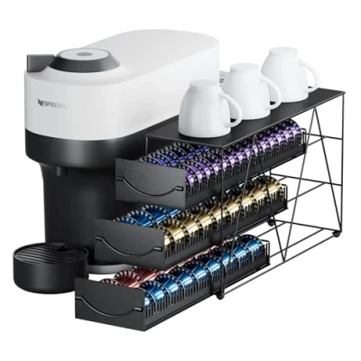 Imagen de HFHOME Cajón para 90 cápsulas Nespresso Vertuo, organizador de 3 niveles, soporte almacenamiento café metal con cajones deslizantes taza K, encimera
