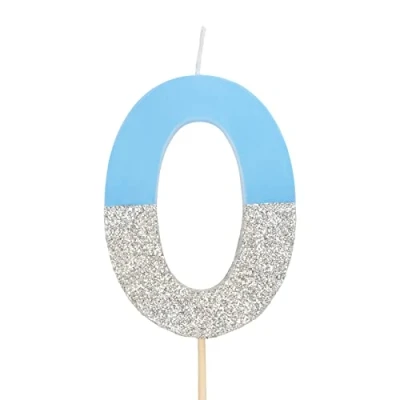 Imagen de Velas de cumpleaños con números 0, 1, 2, 3, 4, 5, 6, 7, 8, 9, 10, 18, 25, 30,40, 50 color azul y glitter plata (Número 0)