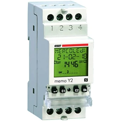 Imagen de VEMER VE342200 Interruptor Horario Digital, Temporizador con Programación Diaria, Semanal, Mensual o Anual, Interfaz NFC, 2 Canales, Alimentación 230V, Blanco