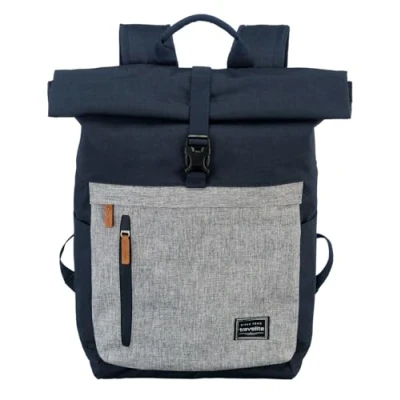 Imagen de travelite mochila para equipaje de mano con compartimento portátil, 15.6 pulgadas, serie BASICS Daypack Rollup: práctica función enrollable, 60 cm, 35 litros, 800 gramos, Marino/Gris