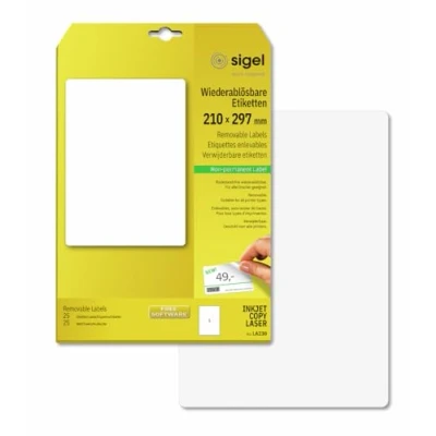 Imagen de SIGEL LA230 Etiquetas despegables (Ink/Laser/Copy), 210x297 mm (A4), 25 Et.=25 hojas