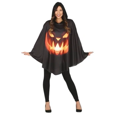 Imagen de FIESTAS GUIRCA Disfraz de Poncho Negro con Estampado Calabaza Horror para Mujer Adulta Talla Única