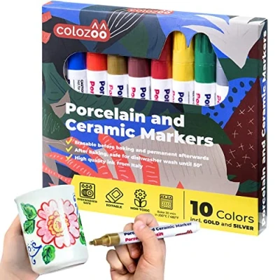 Imagen de colozoo Rotuladores Para Porcelana Seguros En Lavavajillas 10 Cerámica De Colores Brillantes Con Oro Y Plata Inclusos