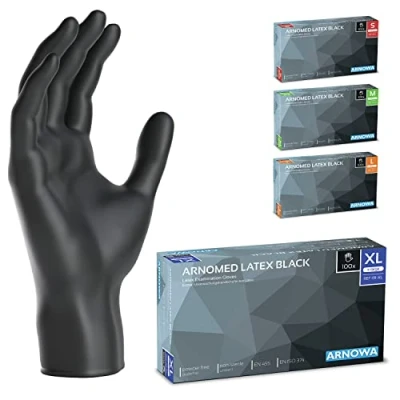 Imagen de ARNOMED guantes latex talla XL, de negros, sin polvo, 100 uds/caja, tallas S, M, L y XL desechables, negros latex, desechables