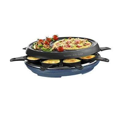 Imagen de Tefal Raclette Colormania RE310401 3 en 1, con parrilla y superficie para crepes, revestimiento antiadherente Easy Plus, 8 cuencos, compatible lavavajillas (1050 W, azul acero)