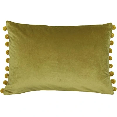 Imagen de Paoletti Riva Fiesta Rectangular Cojín Verde Pompom Bordes Faux Velvet Reversible Cierre De Cremallera 100% Polyester 35 x 50Cm (14&quot; 20&quot; Pulgadas), poliéster, Bambú/Oro, 50 1 cm