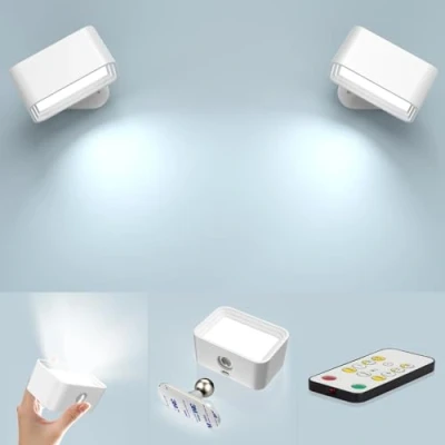 Imagen de ponoseu Led Lampara Pared sin Cable Recargable USB, Inalambrica con Batería de Carga Luz Interior Apliques Dormitorio, Adhesiva, 3 Colores (2 piezas, blanco)