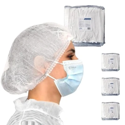Imagen de Juego de 4x 100 Gorros desechables no tejidos, doble elásticos y antipolvo, OneProtek Gorro desechable 53 cm para el cabello, médicos, servicio comida, dentistas, laboratorios Blanco