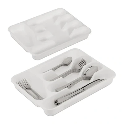 Imagen de Relaxdays Pack 2 Cuberteros Cajón 5 Espacios, Organizador Cubiertos Plástico, 4x24,5x32,5cm, Utensilio, Apilable, Blanco