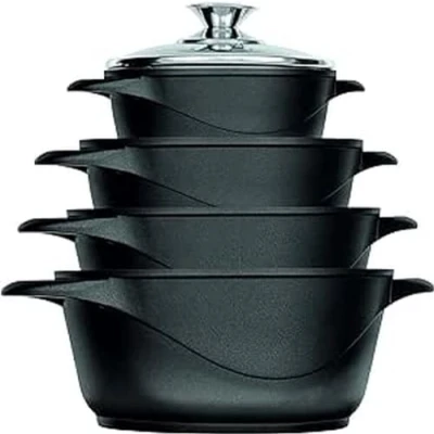 Imagen de Smile MGK 12 Batería de Cocina, Aluminio Fundido, (4 ollas con 4 tapas cristal templado seguridad y 2 manoplas), Negro