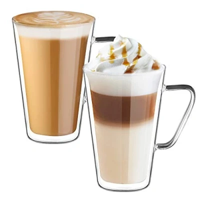 Imagen de ecooe 2x450ml Tazas de Café Cristal,Vasos Doble Pared con Asa,Tazas Vidrio Borosilicato para Té,Café,Leche,Latte,Macchiato