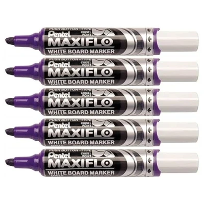 Imagen de Pentel MAXIFLO MWL6 Lote de 5 rotuladores para pizarra blanca, punta ancha biselada, color morado