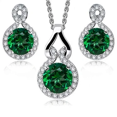 Imagen de Crystalline Azuria Mujer 18ct Chapado en Oro Blanco Redondo Esmeralda simulada Verde Cristales de Zirconia Juego joyas Collar con Colgante 45 cm Pendientes
