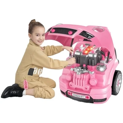 Imagen de HOMCOM Motor de Camión para Niños +3 Años Conjunto Juguete con 61 Piezas Volante Bocina Faros Caja Almacenaje y Ruedas 40x39x47 cm Rosa