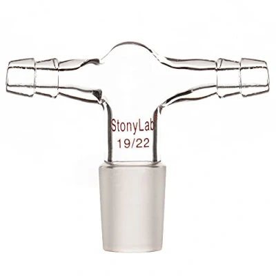 Imagen de stonylab Adaptador de Entrada Manguera Doble Vidrio, Vacío/Gas Inerte en Forma T Vidrio Borosilicato con Conexiones Dobles 3/8 Pulgadas y Junta Interna 19/22