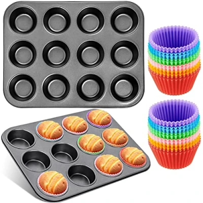Imagen de Frasheng Moldes de horneado,Bandejas para hornear magdalenas,antideslizantes,de acero al carbono,juego 2 + horneado silicona,reutilizables,colores,juego 24,para Muffins,Cupcakes