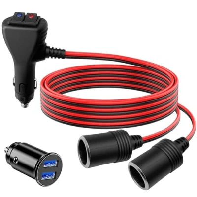 Imagen de Hoembpn Enchufe Adaptador Divisor de Encendedor con Doble Interruptor, 1 a 2 Enchufes Coche 12V/24V Toma Cable Extensión 1M + Cargador USB Dual