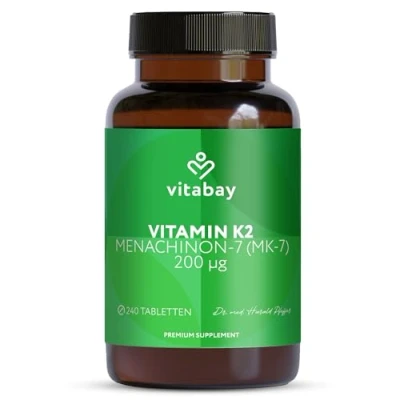 Imagen de Vitabay Vitamina K2 240 comprimidos de vegana 200 mcg con Menaquinona natural All Trans MK7 Tomar 1 comprimido al día agua