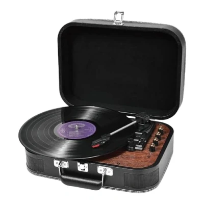 Imagen de Tocadiscos de Vinilo, VOKSUN Bluetooth con Altavoz, Transmisión por Correa 33/45/78 Vueltas/min, Estuche, Función Vinilo MP3/USB/Aux In/RCA (Negro)