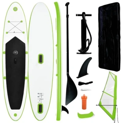 Imagen de vidaXL Tabla de surf inflable verde/blanca con vela, 330 x 72 10 cm, a prueba pinchazos, resistente los rayos UV, bolsa transporte incluida