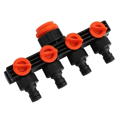 Imagen de Adaptador de grifo jardín salidas 4 vías. Desviador 3/4&quot; o 1&quot;. Distribuidor con conexiones manguera múltiple. Bloqueo encendido/apagado. Llave paso individual