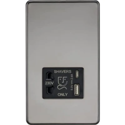 Imagen de Knightsbridge Enchufe para afeitadora sin tornillos con doble USB A+C (5 V CC 2,4 A compartido), níquel negro