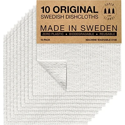 Imagen de SUPERSCANDI Bayeta Sueca Super Absorbente, Reutilizable Y Ecologica Paños De Cocina Biodegradables Celulosa Algodón Trapo Cocina, Limpieza Pack x10, Blanco