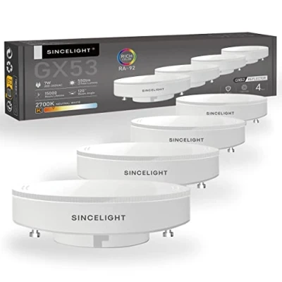 Imagen de SINCELIGHT GX53 Bombillas LED, 7W, forma de disco, reflector esmerilado, color rico RA≈92, Blanco Cálido 2700K, Retrofit los accesorios en la cocina, armarios, debajo del estante, 4 Piezas