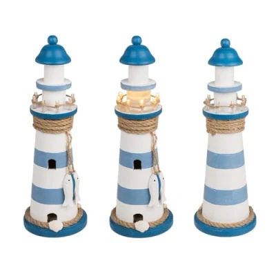 Imagen de Out of the blue Faro de madera con LED, aprox. 10 x 30 cm, para 2 pilas Mignon (AAA)
